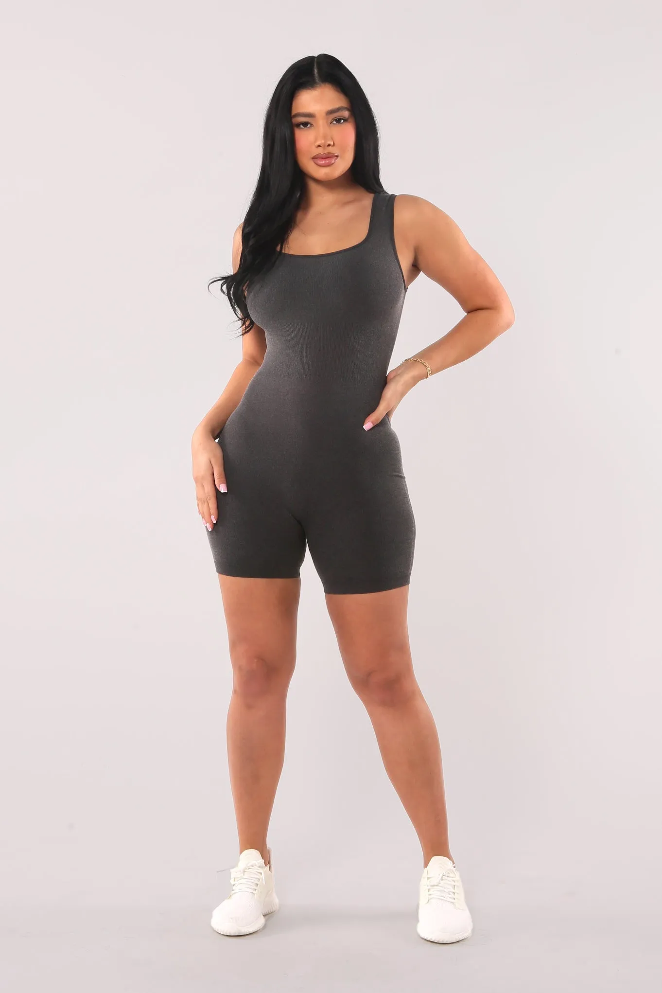 Seamless Rib Knit Romper Bodysuit - Heather Charcoal