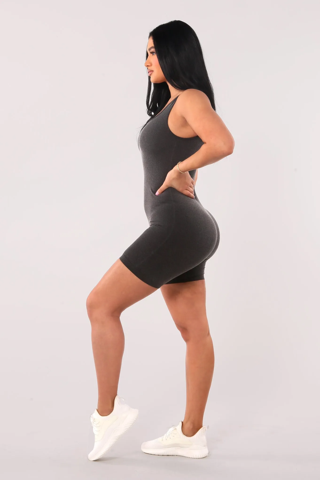 Seamless Rib Knit Romper Bodysuit - Heather Charcoal