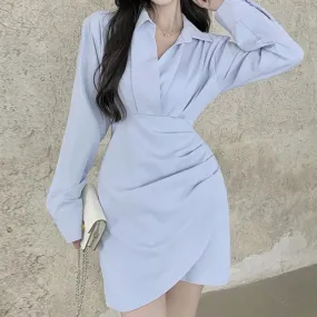 Shirt Mini Dress Women Korean Style Kpop Slim Wrap Design Short Party Dresses Autumn Winter Fashion New in Basics