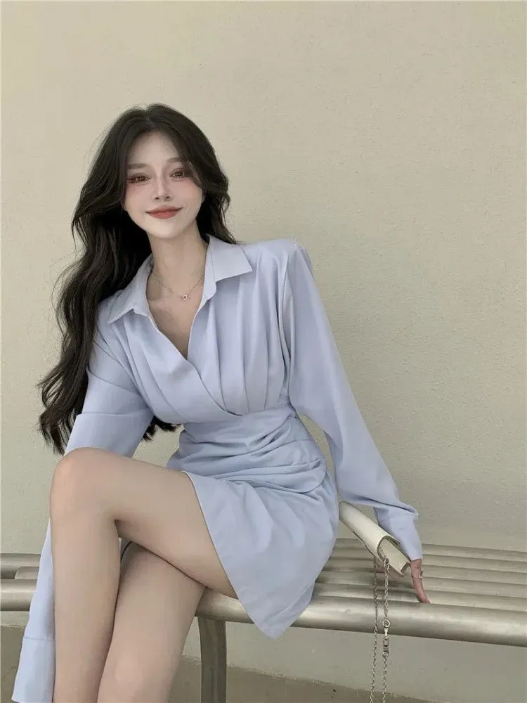 Shirt Mini Dress Women Korean Style Kpop Slim Wrap Design Short Party Dresses Autumn Winter Fashion New in Basics