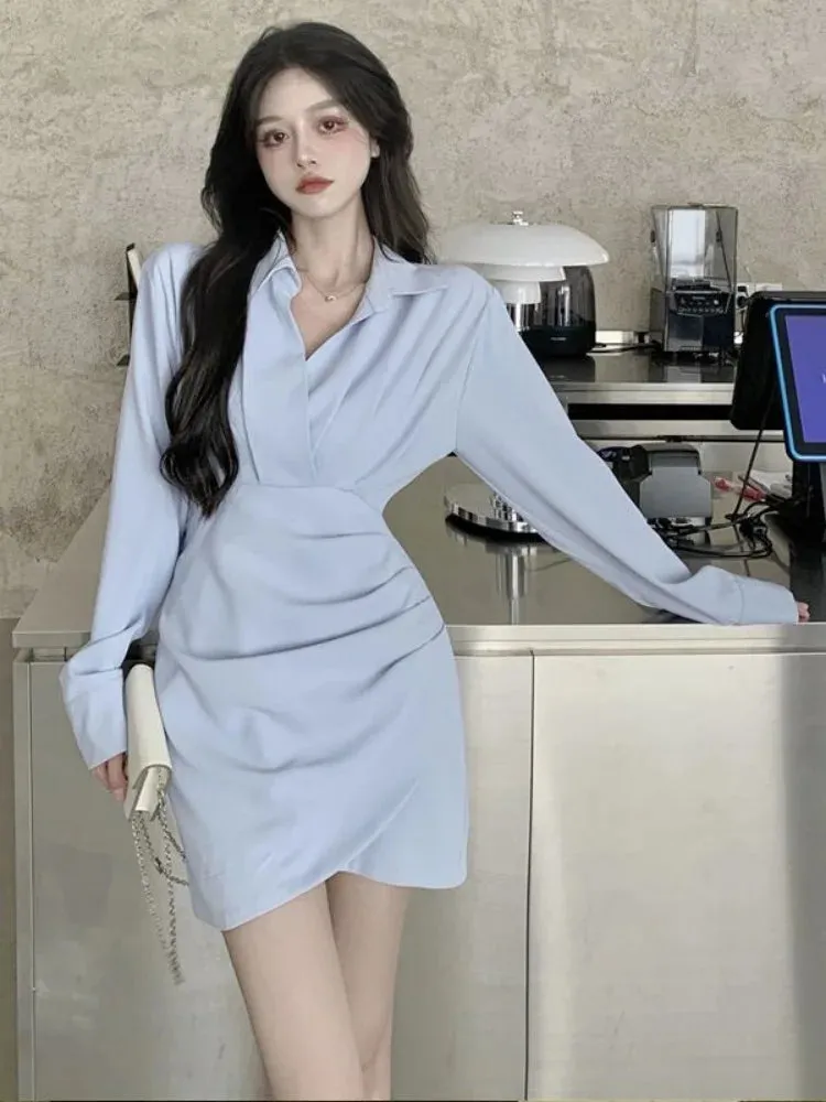 Shirt Mini Dress Women Korean Style Kpop Slim Wrap Design Short Party Dresses Autumn Winter Fashion New in Basics