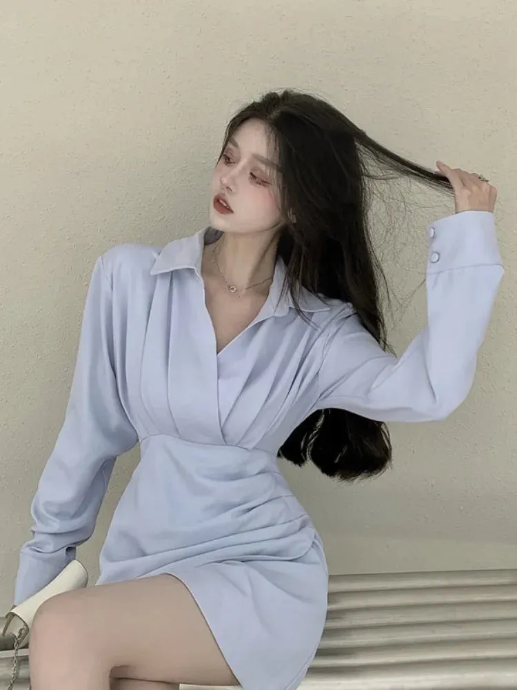 Shirt Mini Dress Women Korean Style Kpop Slim Wrap Design Short Party Dresses Autumn Winter Fashion New in Basics