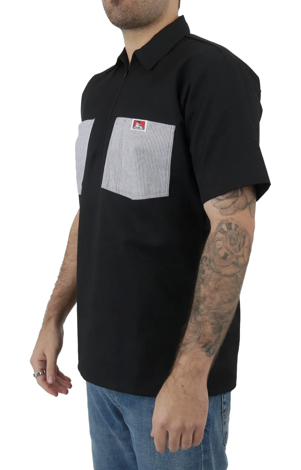 Short Sleeve Solid w/ Striped Pockets 1/2 Zip Shirt - Black