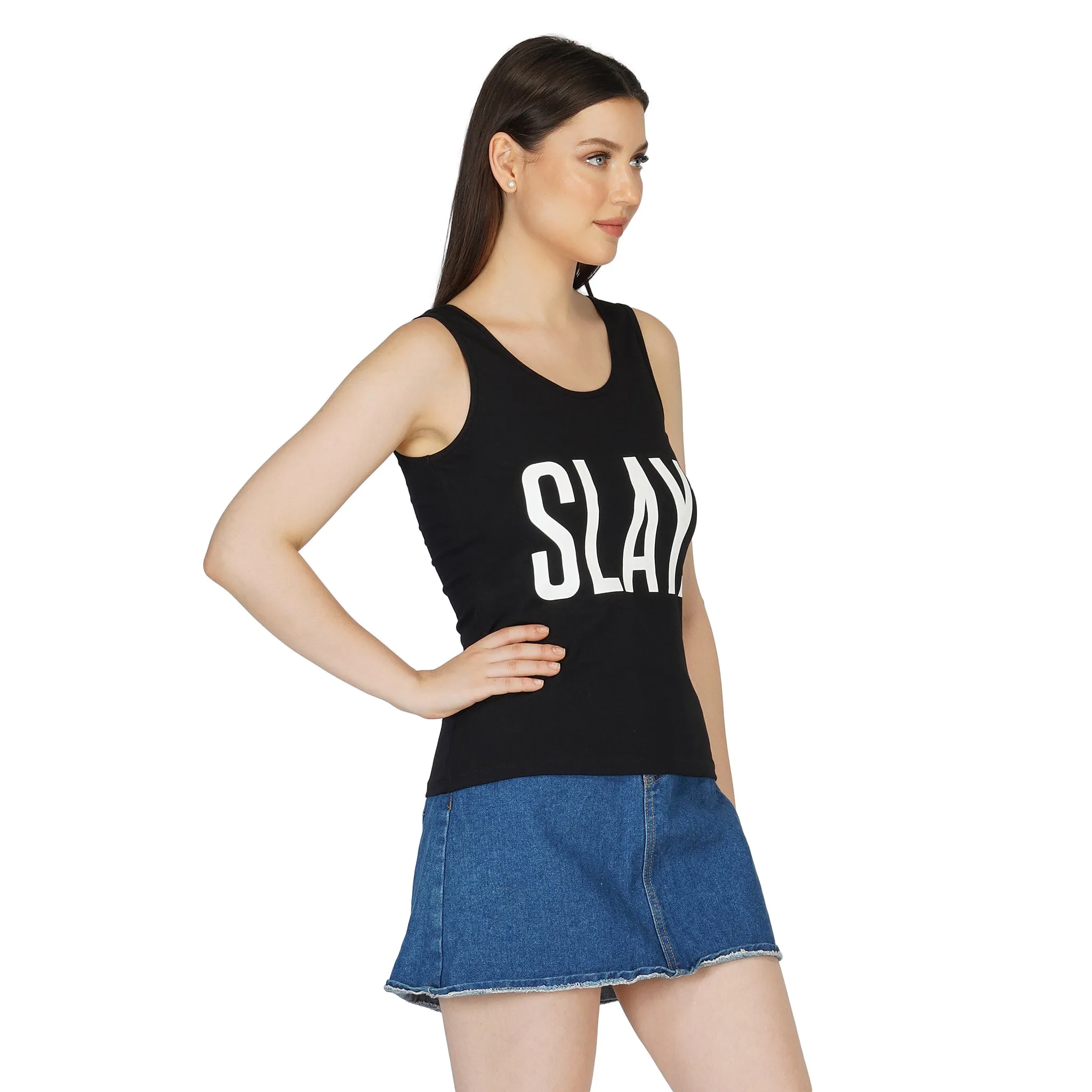 SLAY. Women's Black Printed Tank Top