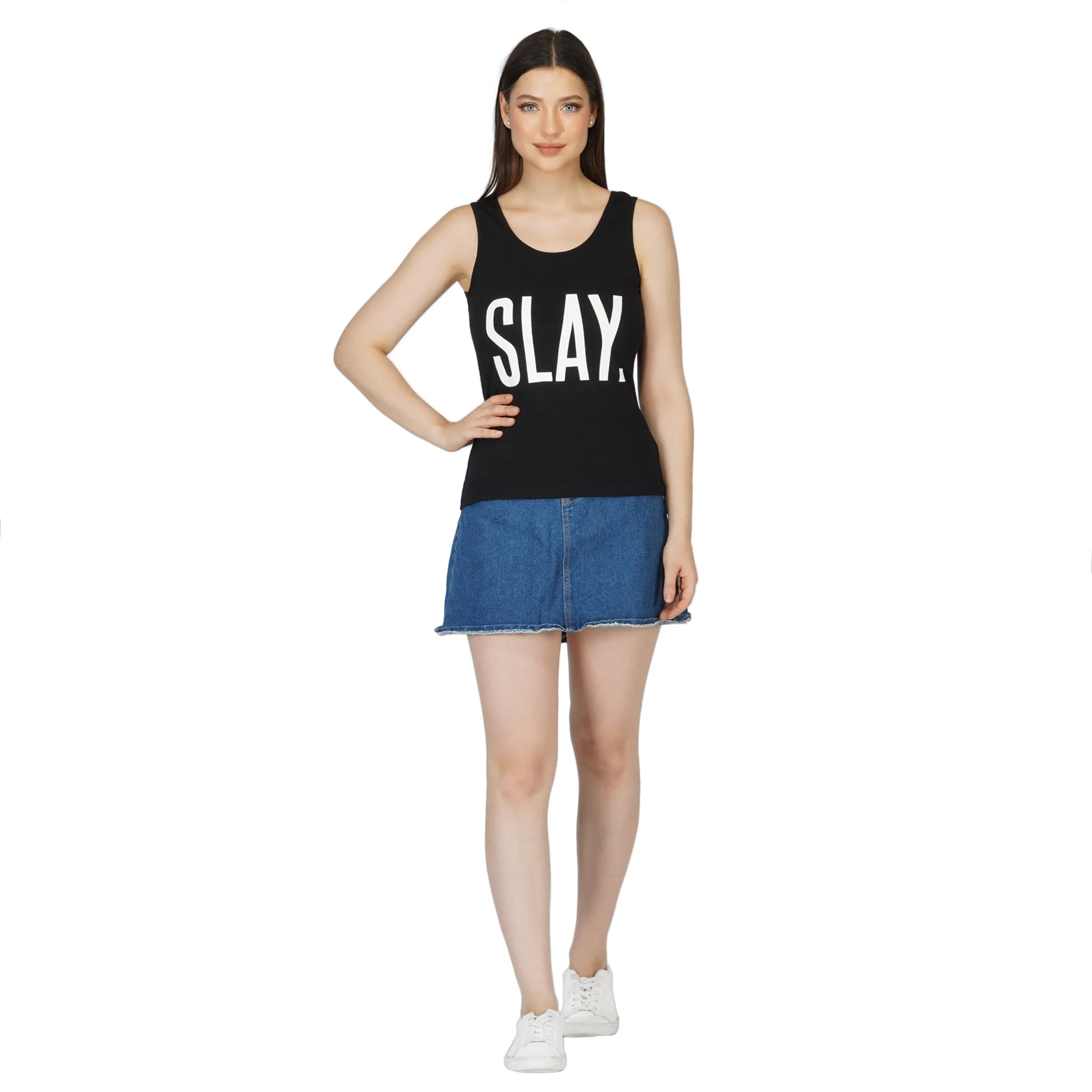 SLAY. Women's Black Printed Tank Top