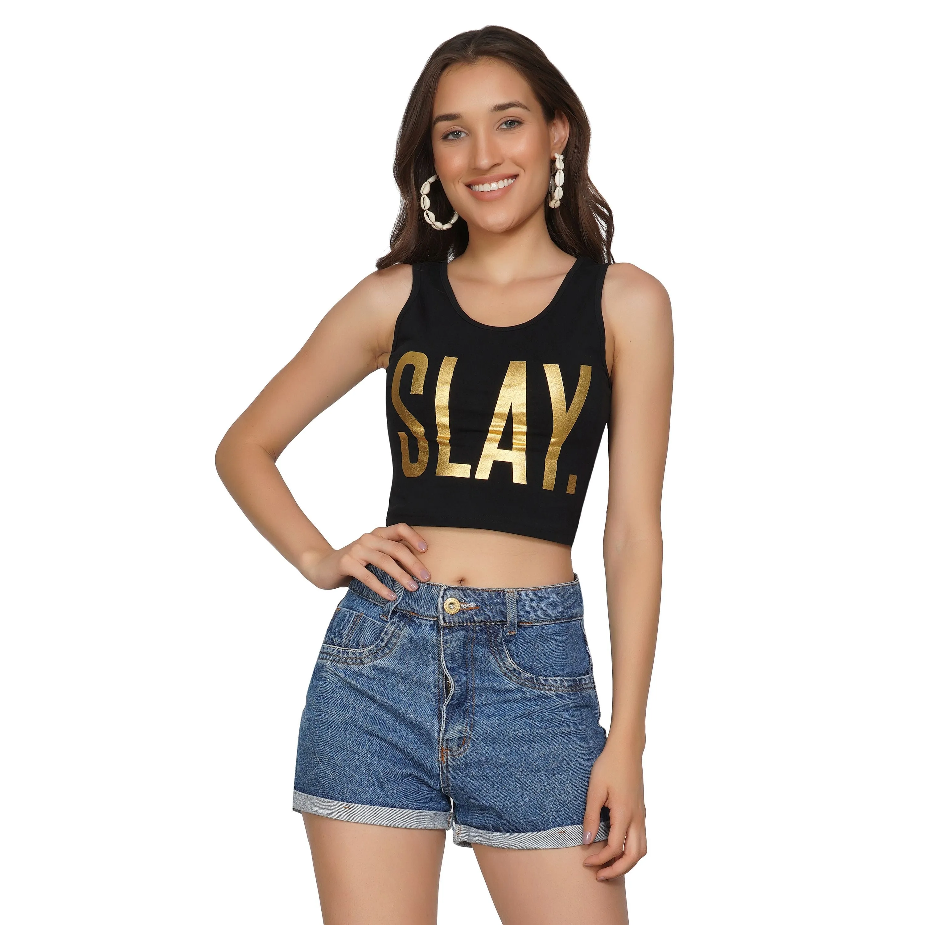 SLAY. Women's Limited Edition Gold Foil Print Matte Finish Crop Top