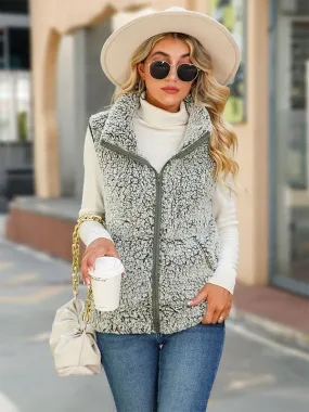 Sleeveless Crew Neck Zippered Bubble Fleece Vest Jacket