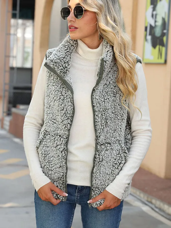 Sleeveless Crew Neck Zippered Bubble Fleece Vest Jacket