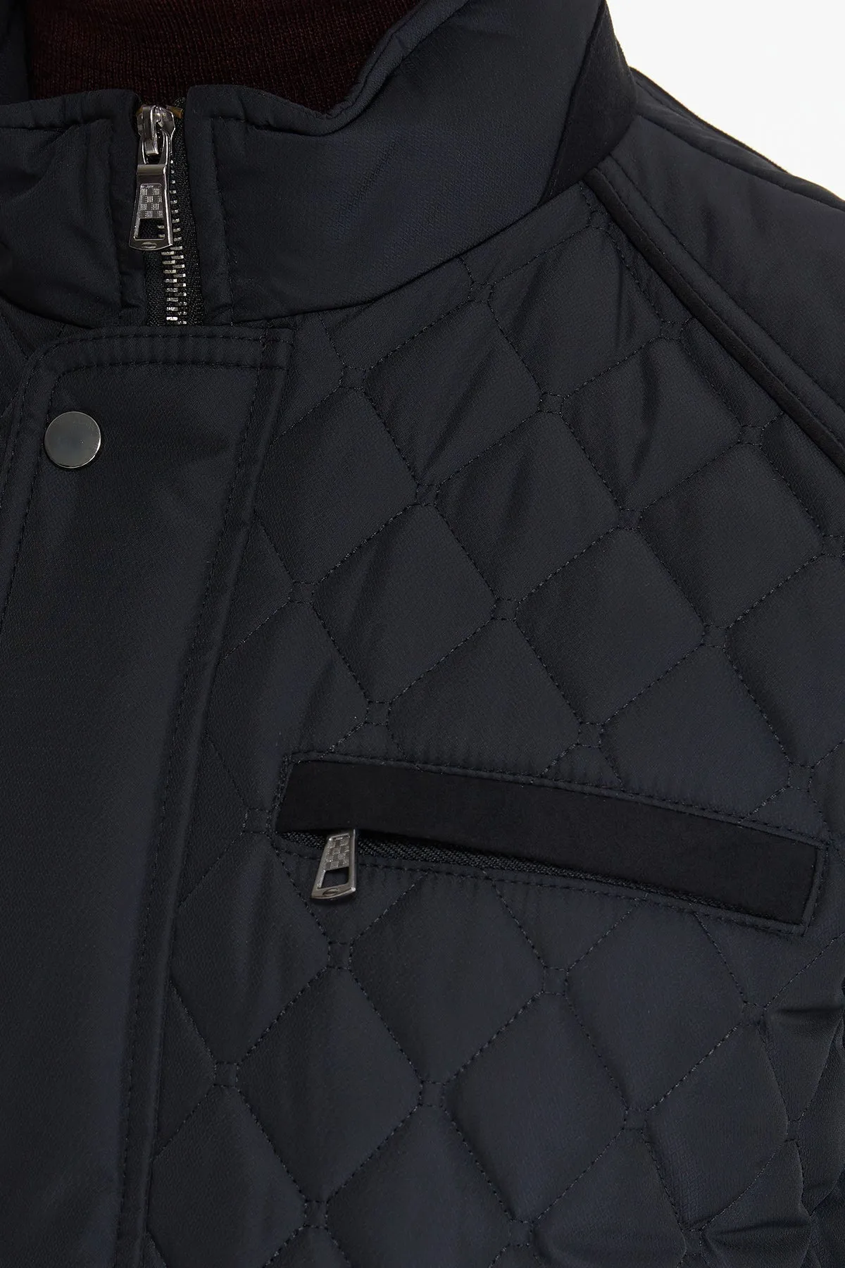 Slim Fit Black Quilted Full-Zip Stand Collar Coat