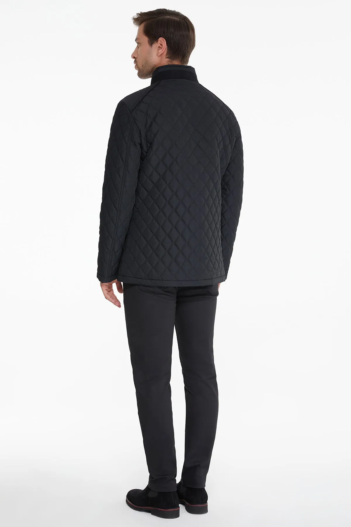 Slim Fit Black Quilted Full-Zip Stand Collar Coat