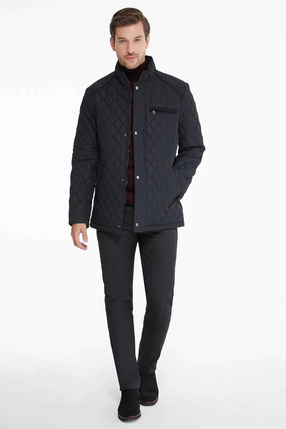 Slim Fit Black Quilted Full-Zip Stand Collar Coat
