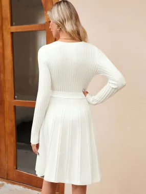 Solid Color Ribbed Dress, Elegant Tie Waist Long Sleeve Surplice Neck Loose Dress For Spring & Fall, Women's Clothing
