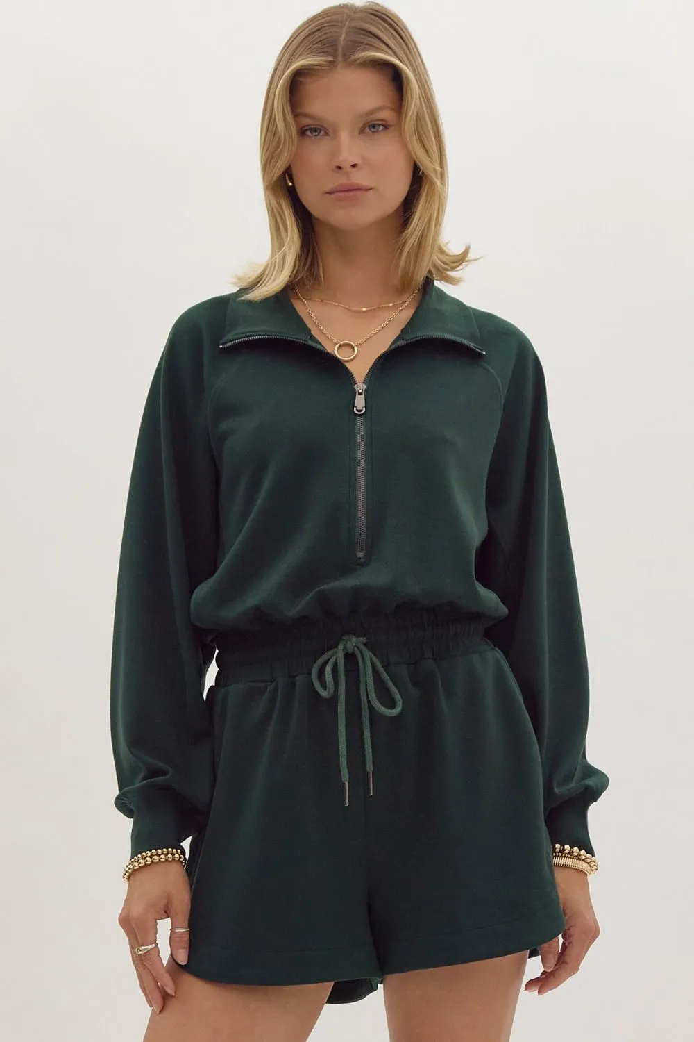 Solid Long Sleeve Romper - Hunter Green