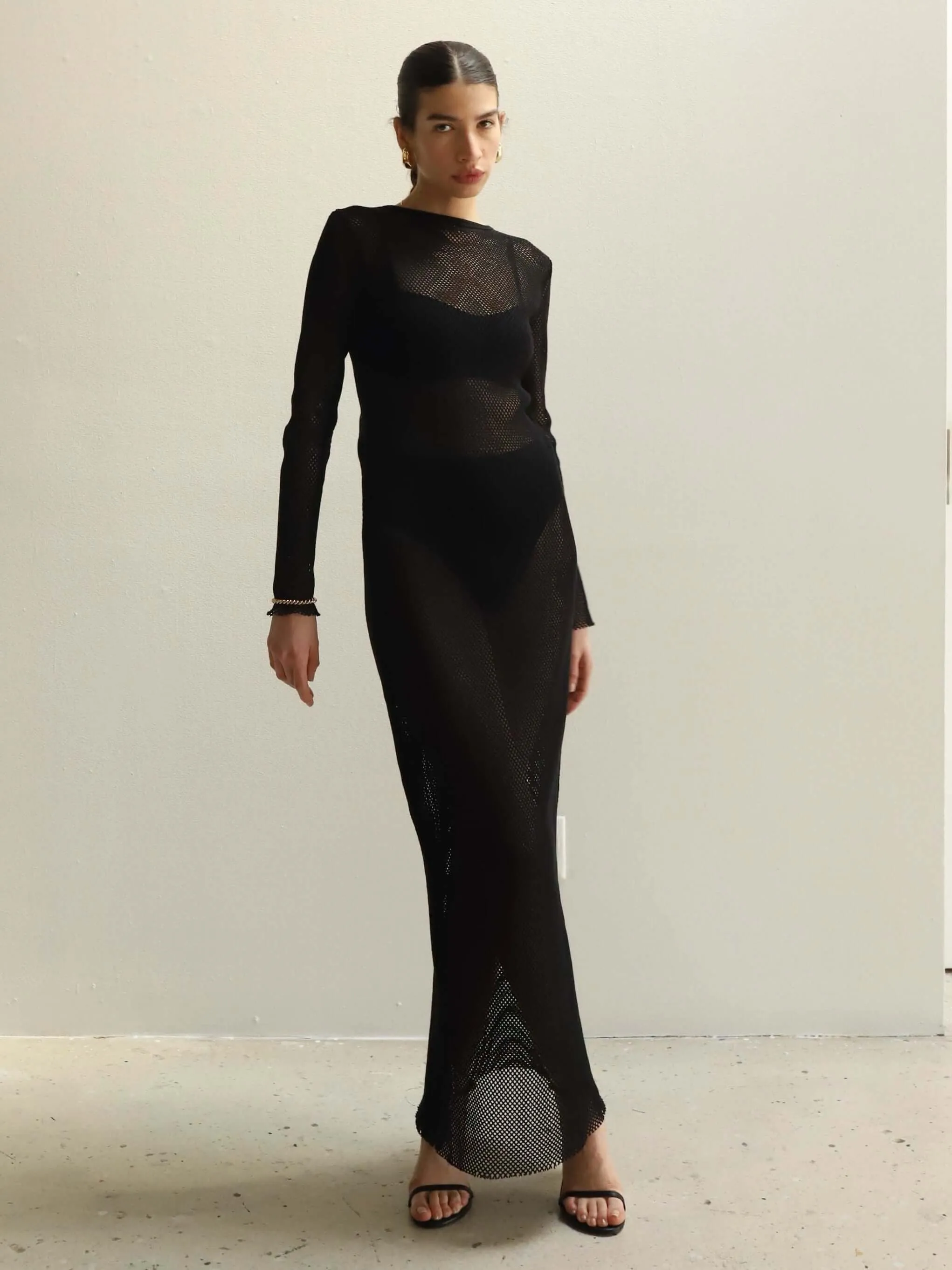 St. Agni Black Mesh Long Sleeve Dress