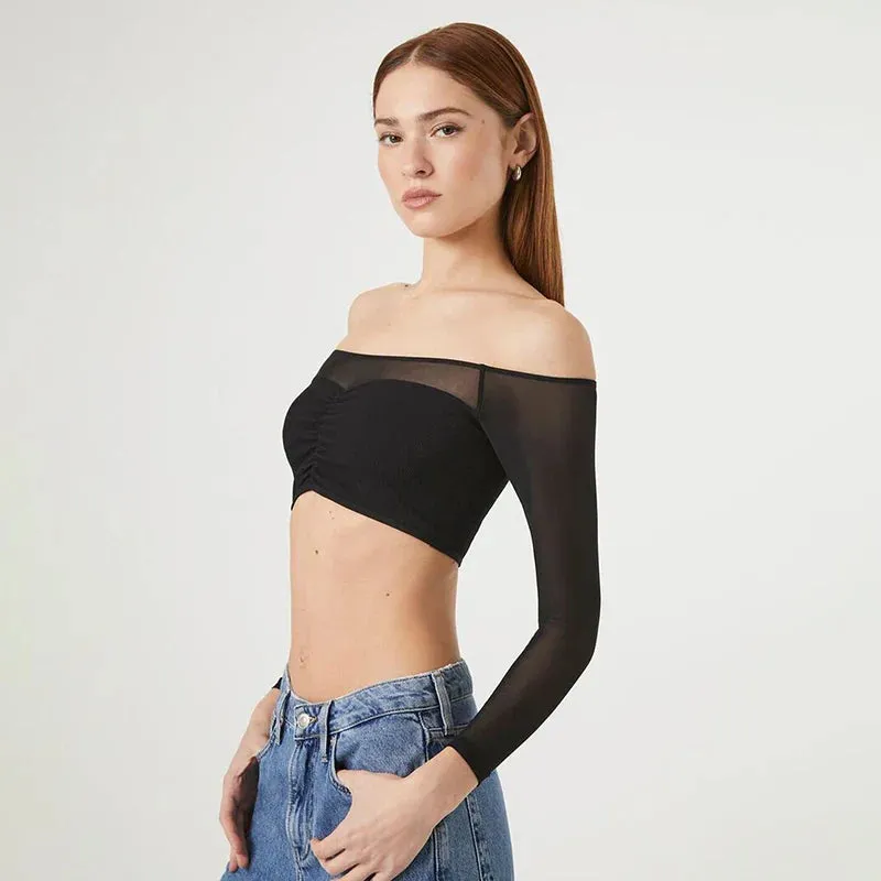 Streetwear Long Sleeves Slash Neck Simple Fashion Mesh Patchwork Crop Autumn Top