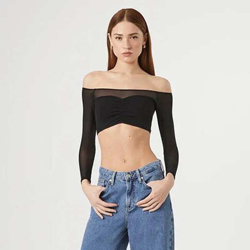 Streetwear Long Sleeves Slash Neck Simple Fashion Mesh Patchwork Crop Autumn Top