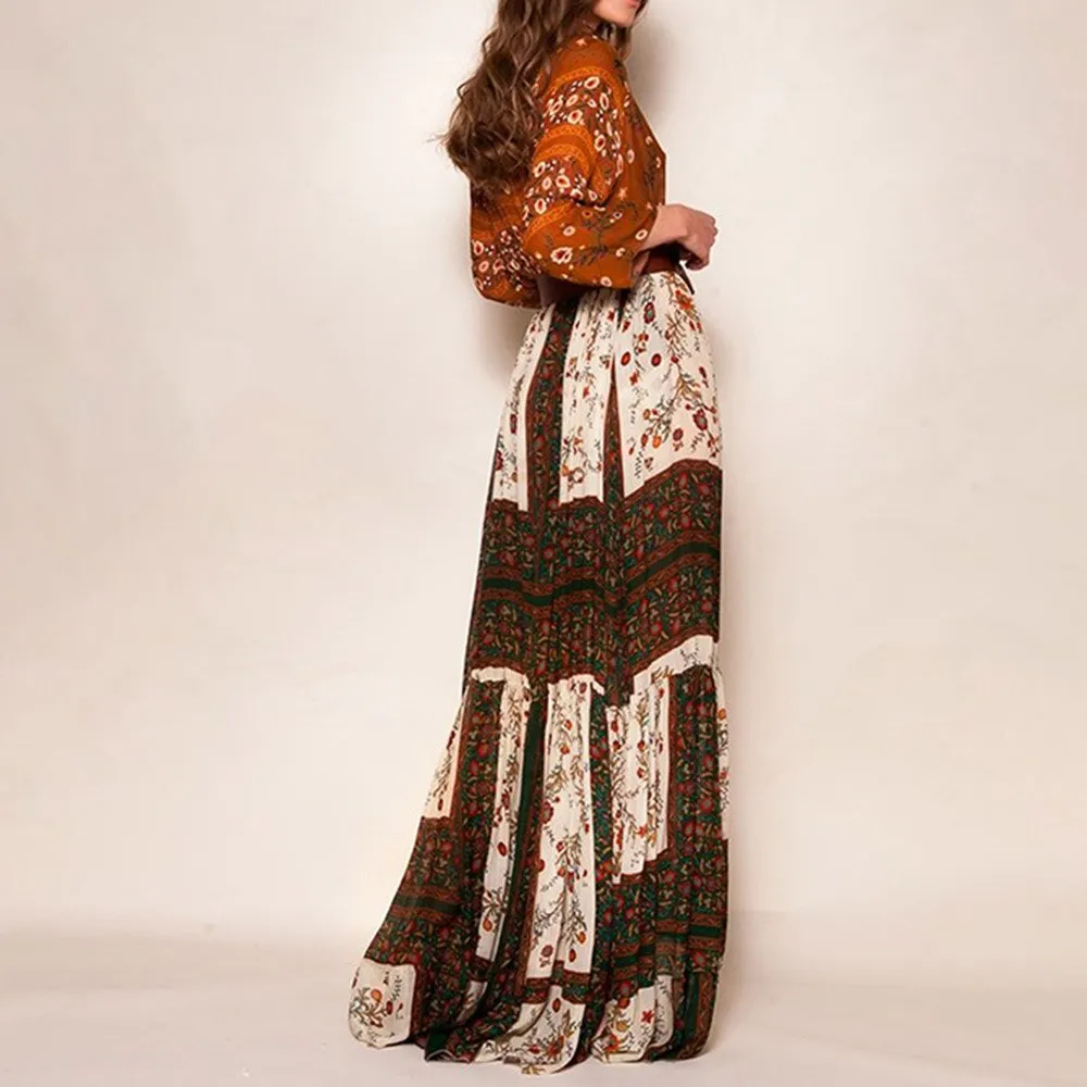 Summer Fashion Print Bohemian Floral Patchwork Casual Beach Maxi Dress
