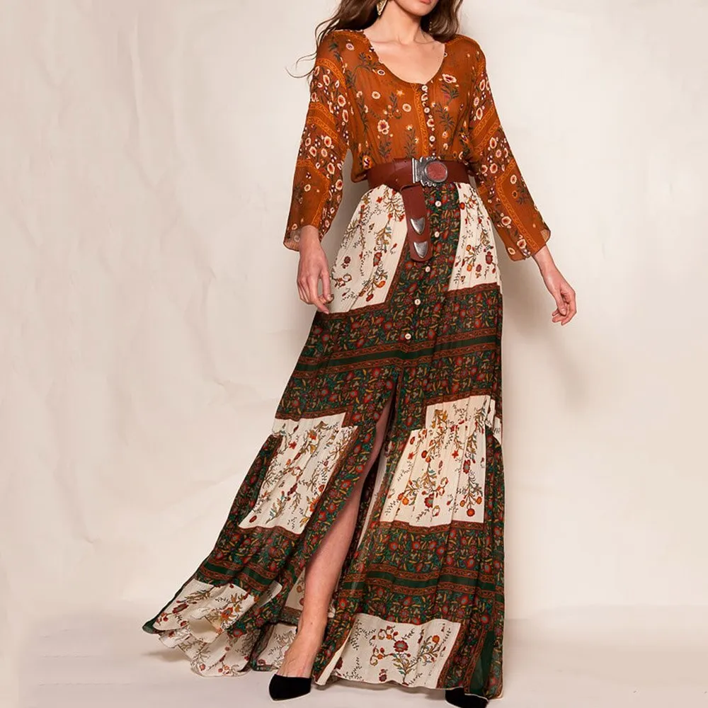 Summer Fashion Print Bohemian Floral Patchwork Casual Beach Maxi Dress