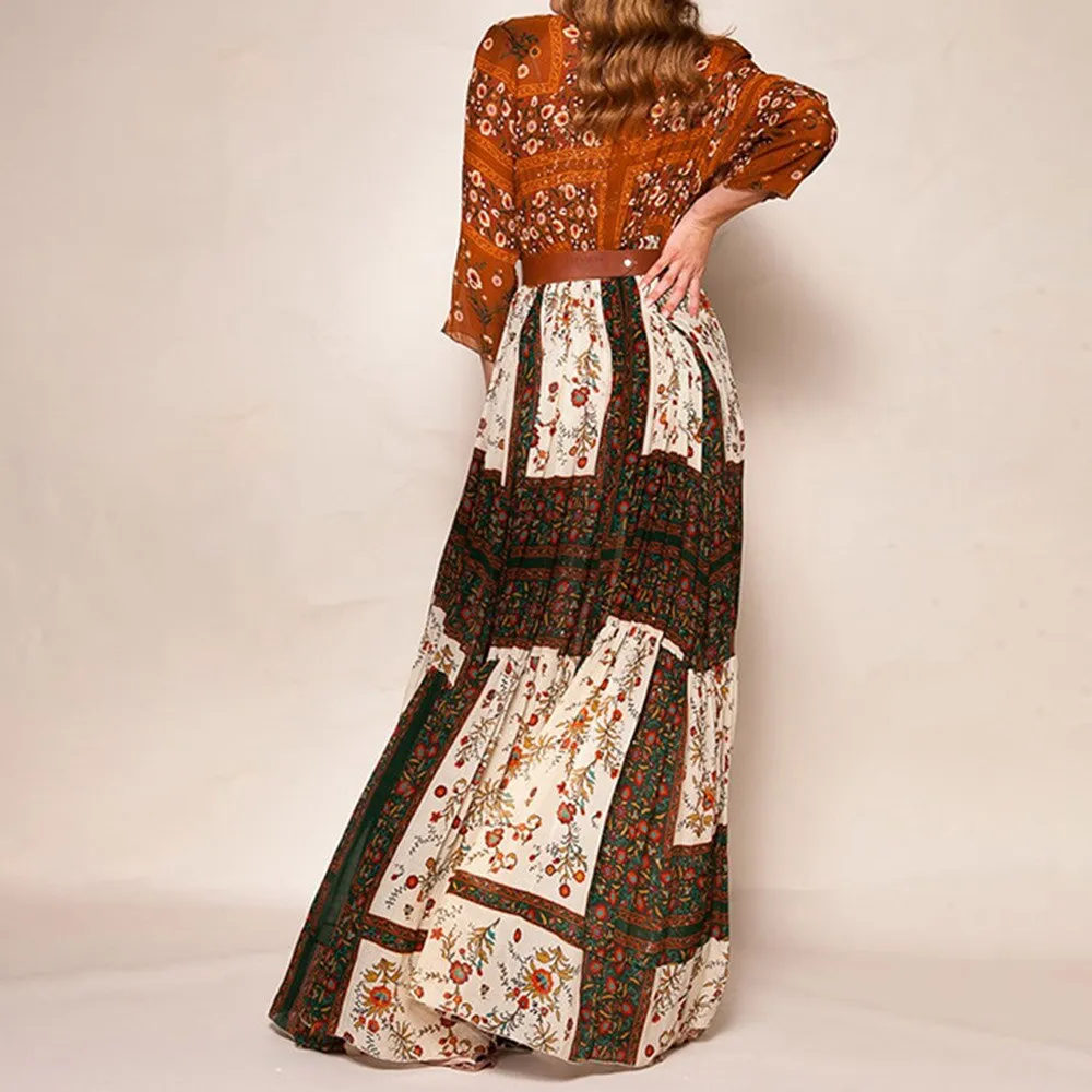 Summer Fashion Print Bohemian Floral Patchwork Casual Beach Maxi Dress