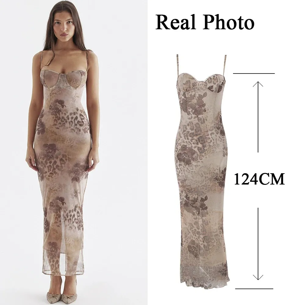 Suninheart Sexy Elegant Spaghetti Strap Floral Print Maxi Dress Lace Up Bodycon Prom Party Dresses Backless Women Formal Dress