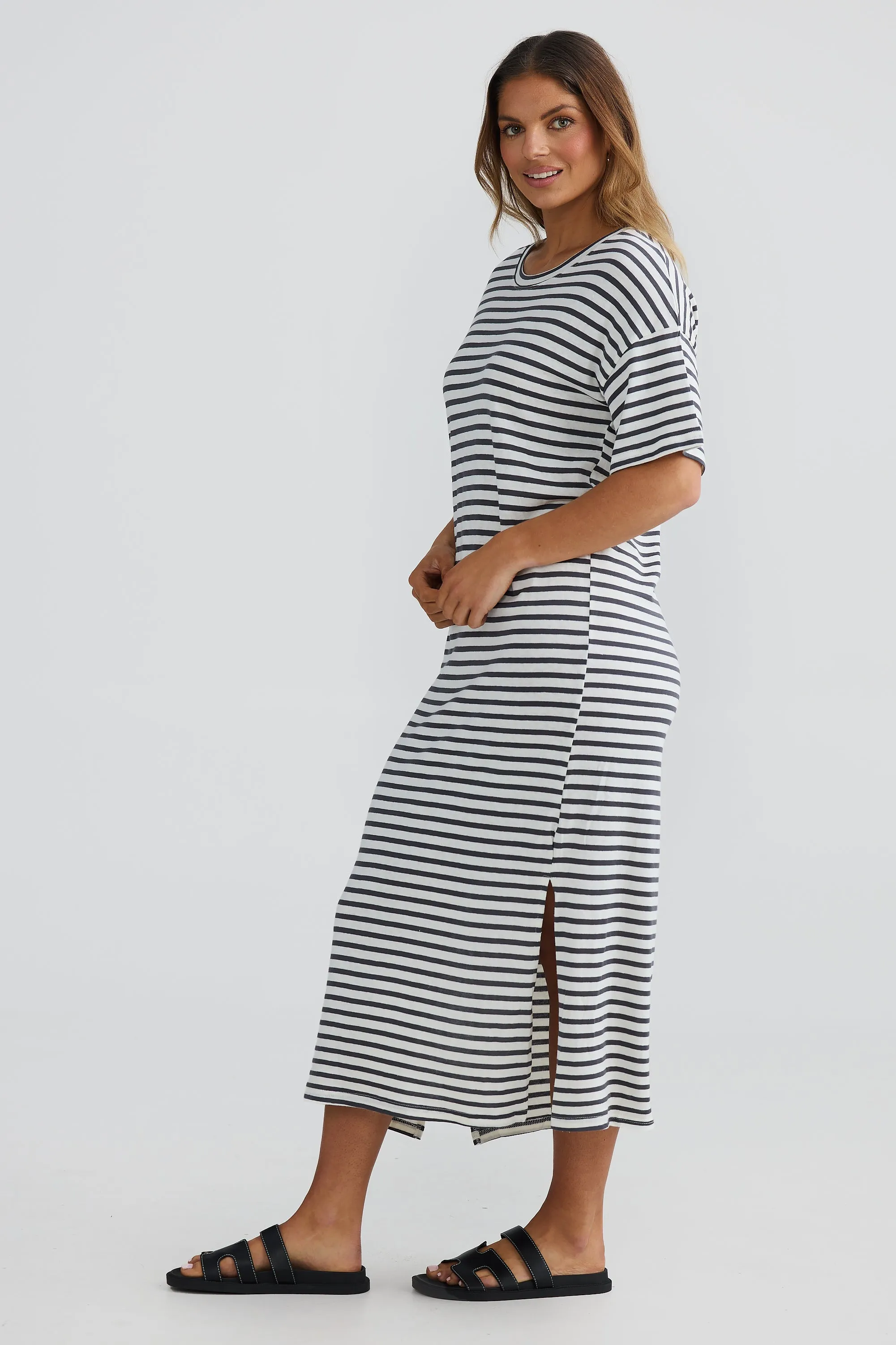 T-Shirt Midi Dress - White/Graphite Stripe