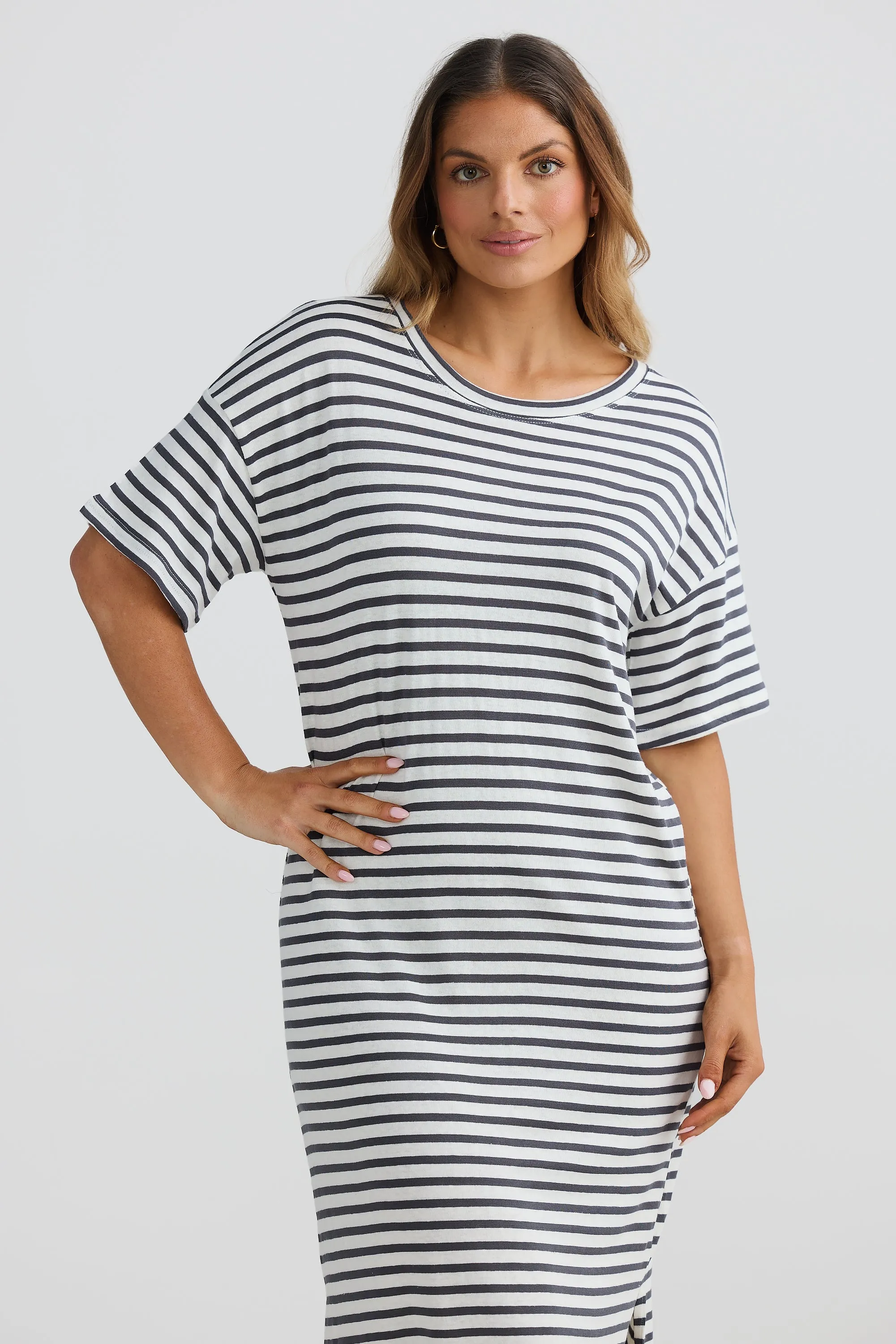 T-Shirt Midi Dress - White/Graphite Stripe