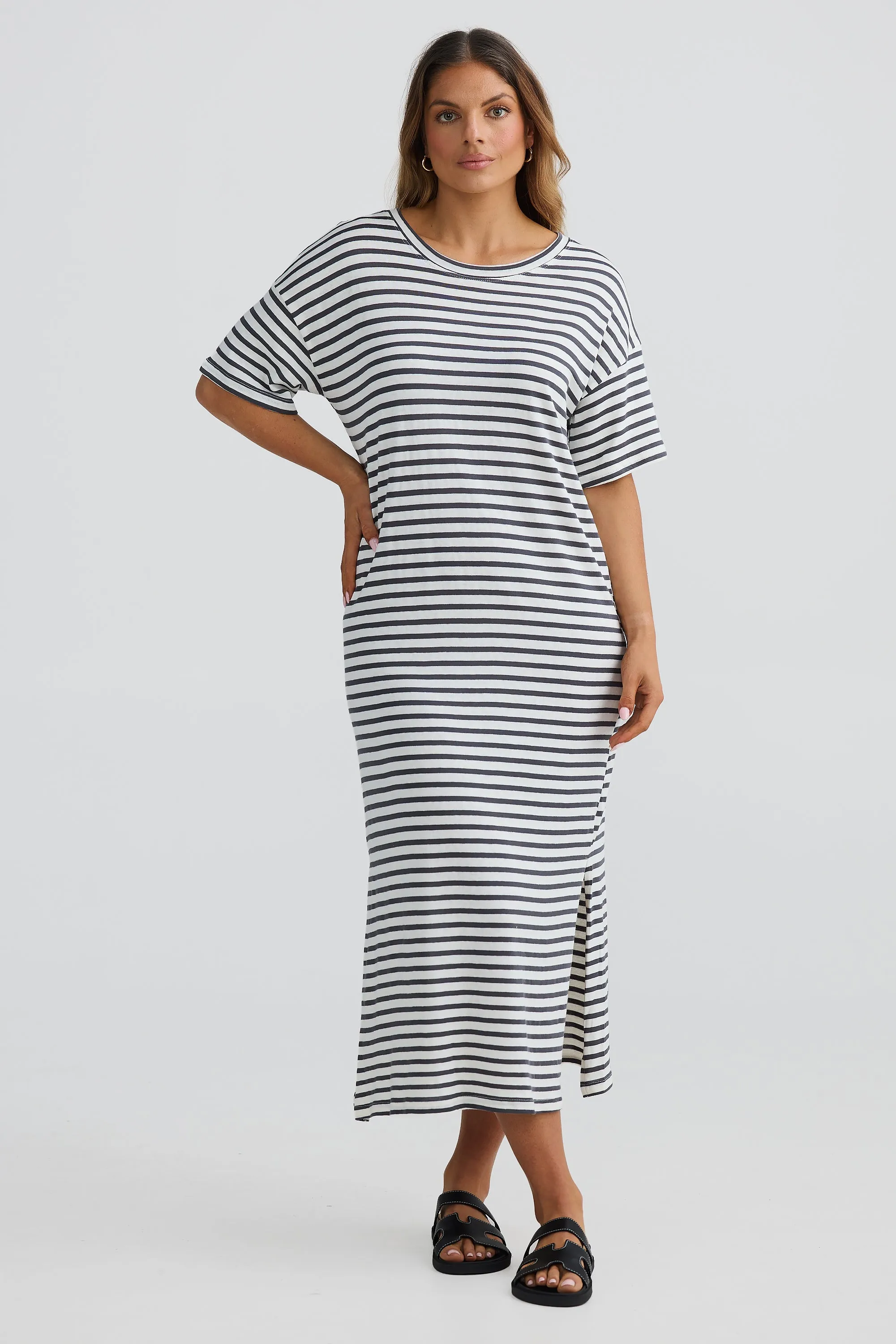 T-Shirt Midi Dress - White/Graphite Stripe