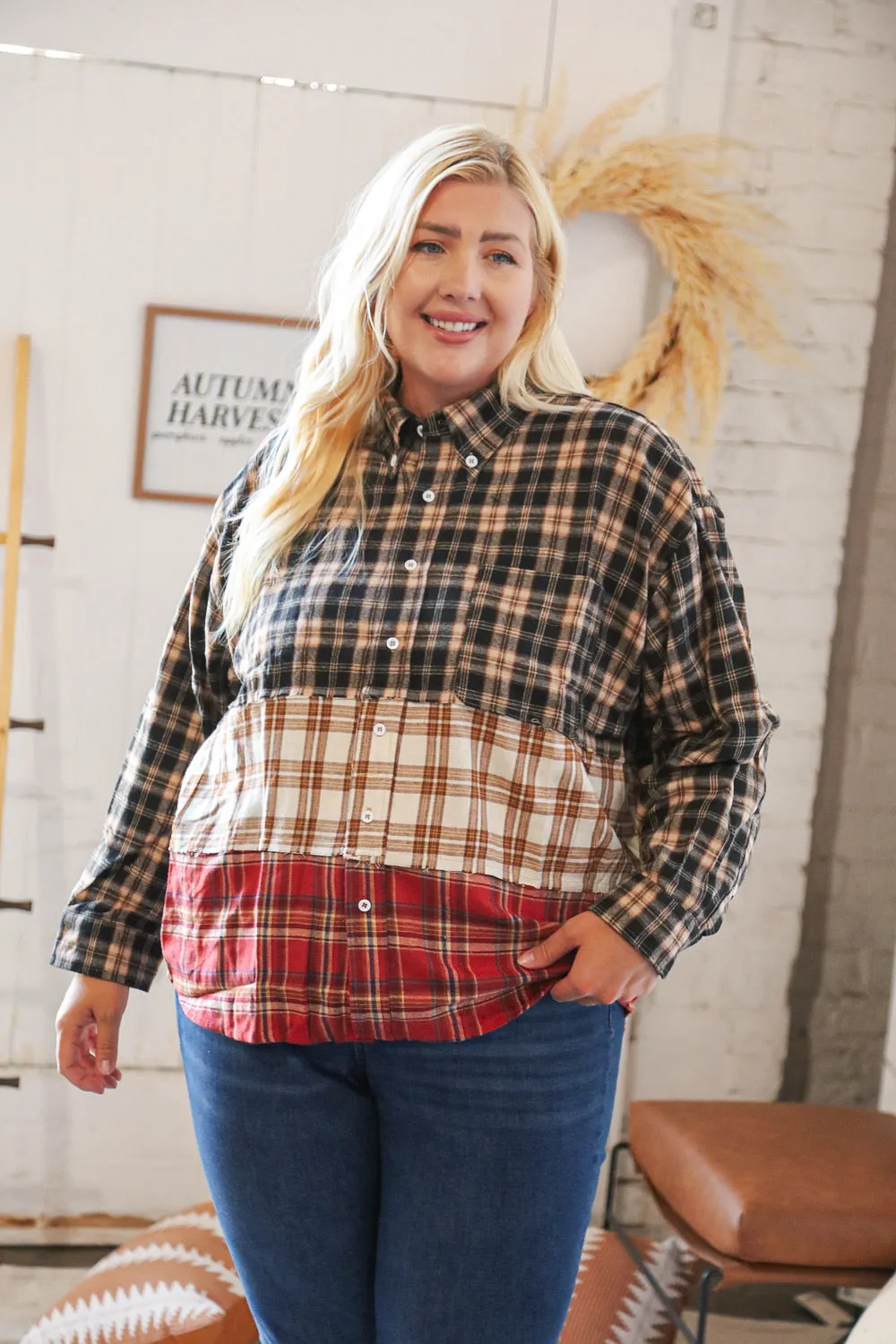 Taupe & Red Plaid Color Block Fray Edge Shacket