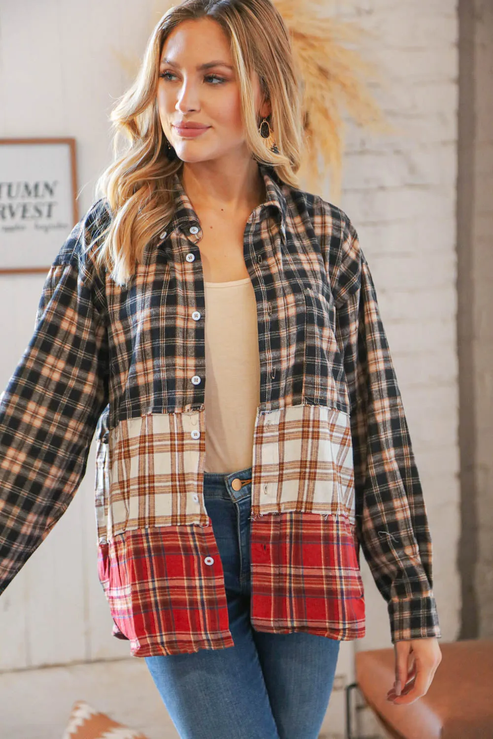 Taupe & Red Plaid Color Block Fray Edge Shacket