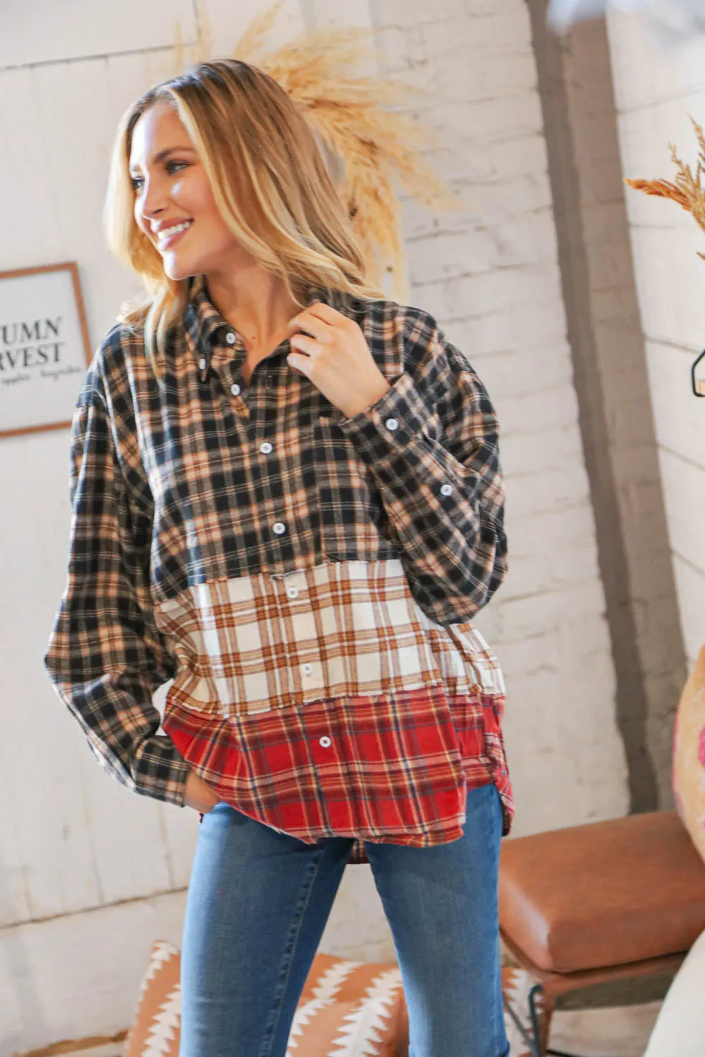Taupe & Red Plaid Color Block Fray Edge Shacket