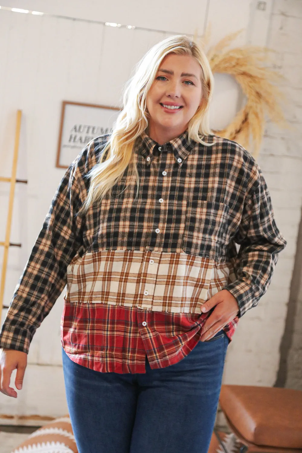 Taupe & Red Plaid Color Block Fray Edge Shacket