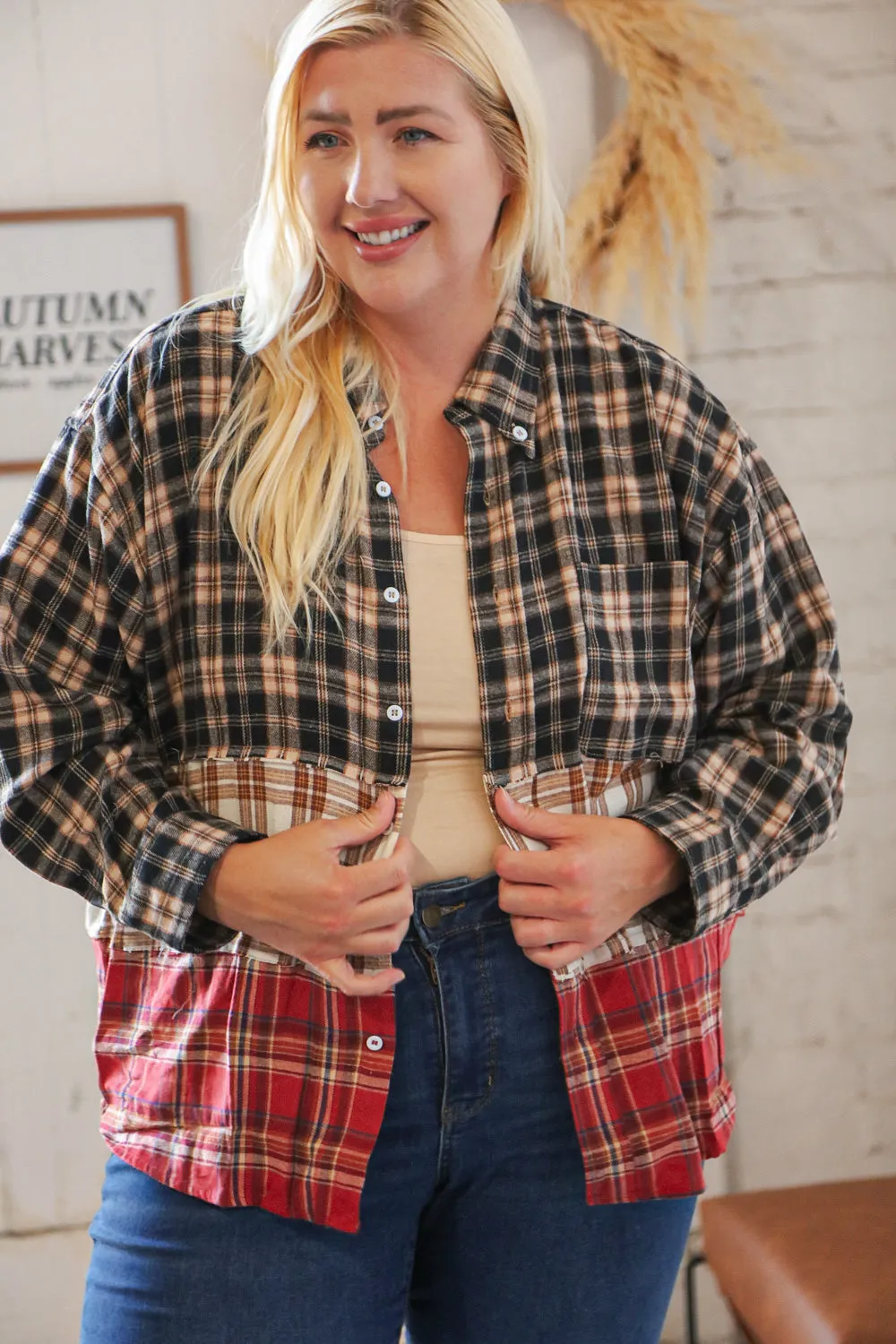 Taupe & Red Plaid Color Block Fray Edge Shacket