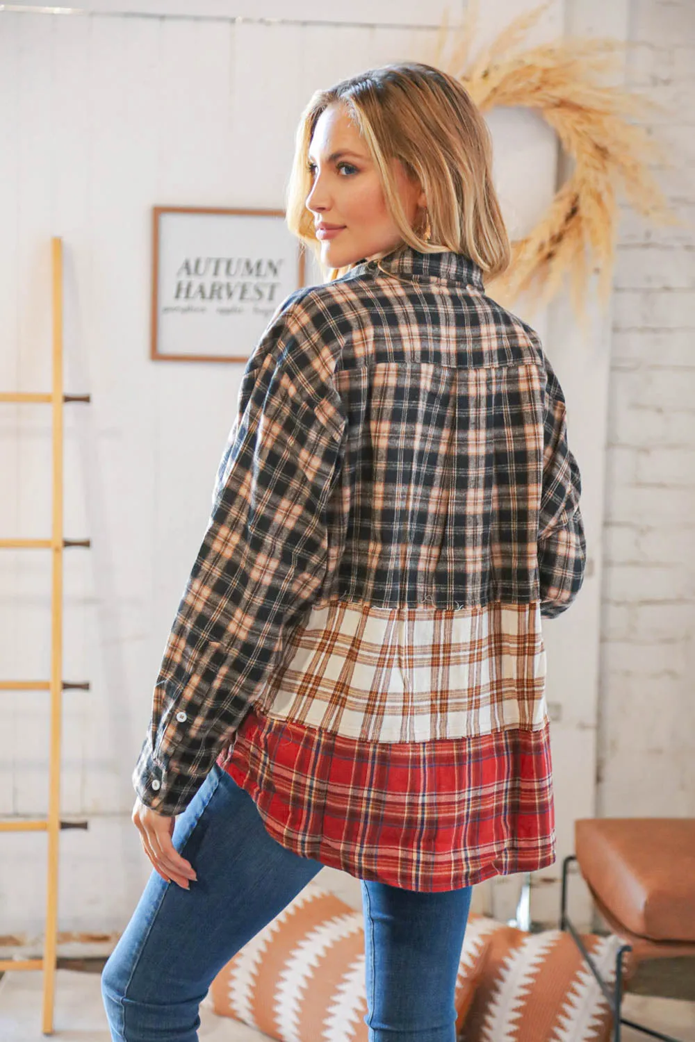 Taupe & Red Plaid Color Block Fray Edge Shacket