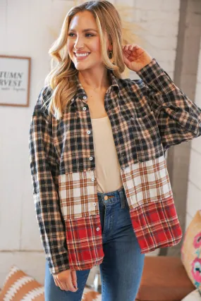 Taupe & Red Plaid Color Block Fray Edge Shacket