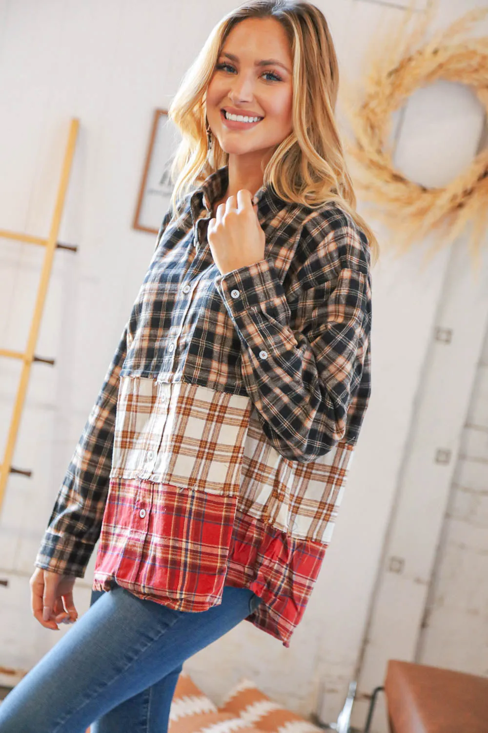 Taupe & Red Plaid Color Block Fray Edge Shacket