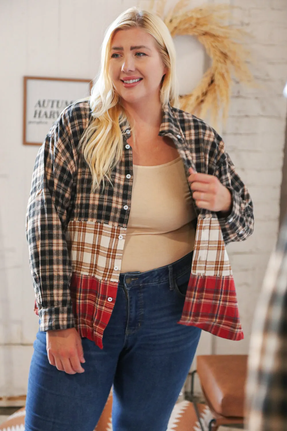Taupe & Red Plaid Color Block Fray Edge Shacket