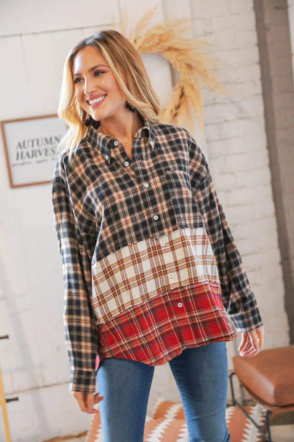 Taupe & Red Plaid Color Block Fray Edge Shacket