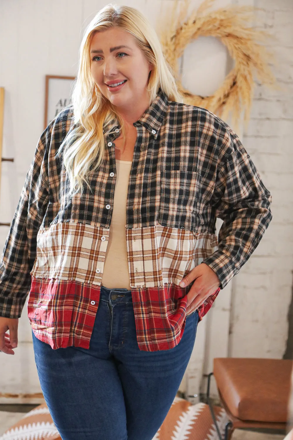 Taupe & Red Plaid Color Block Fray Edge Shacket