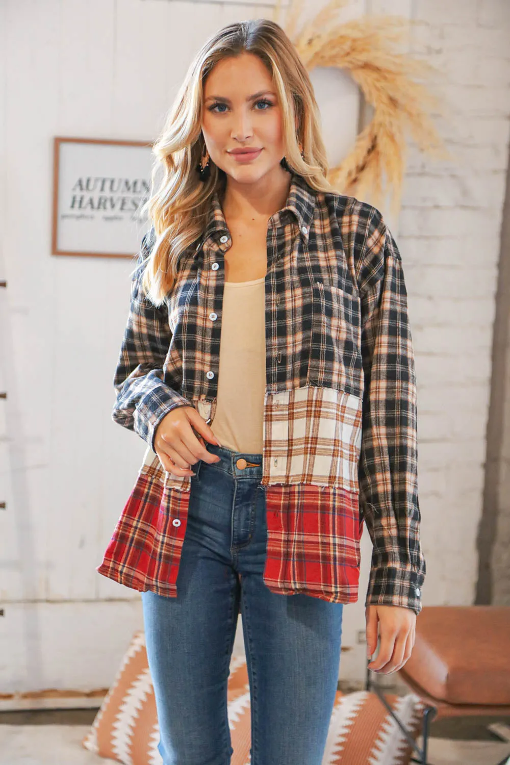 Taupe & Red Plaid Color Block Fray Edge Shacket