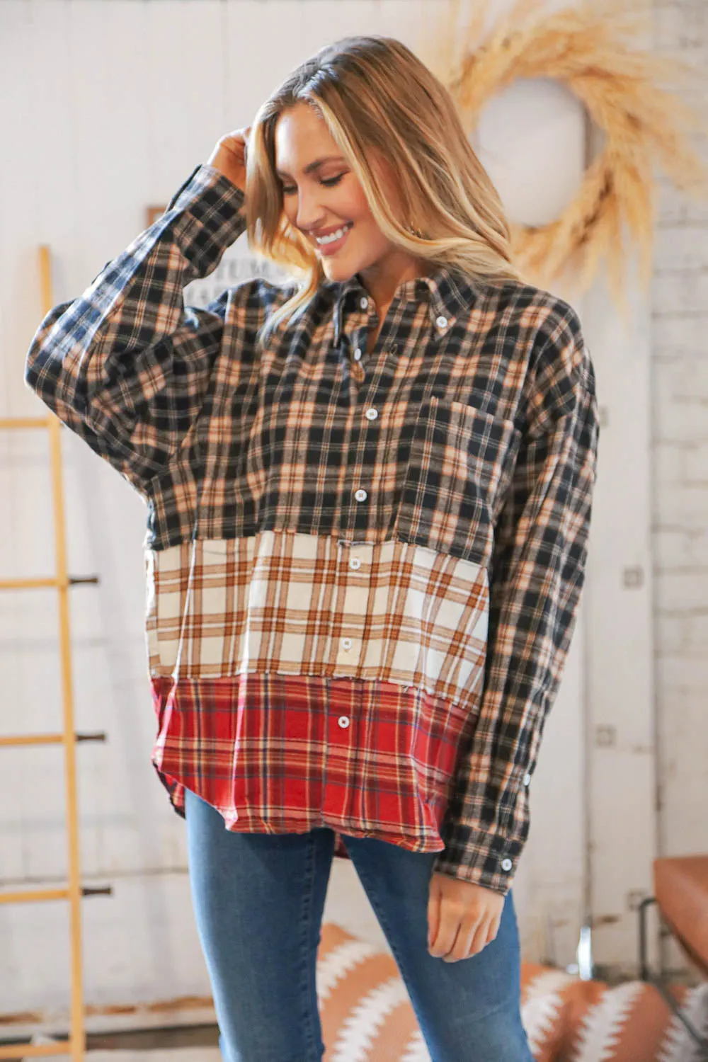 Taupe & Red Plaid Color Block Fray Edge Shacket
