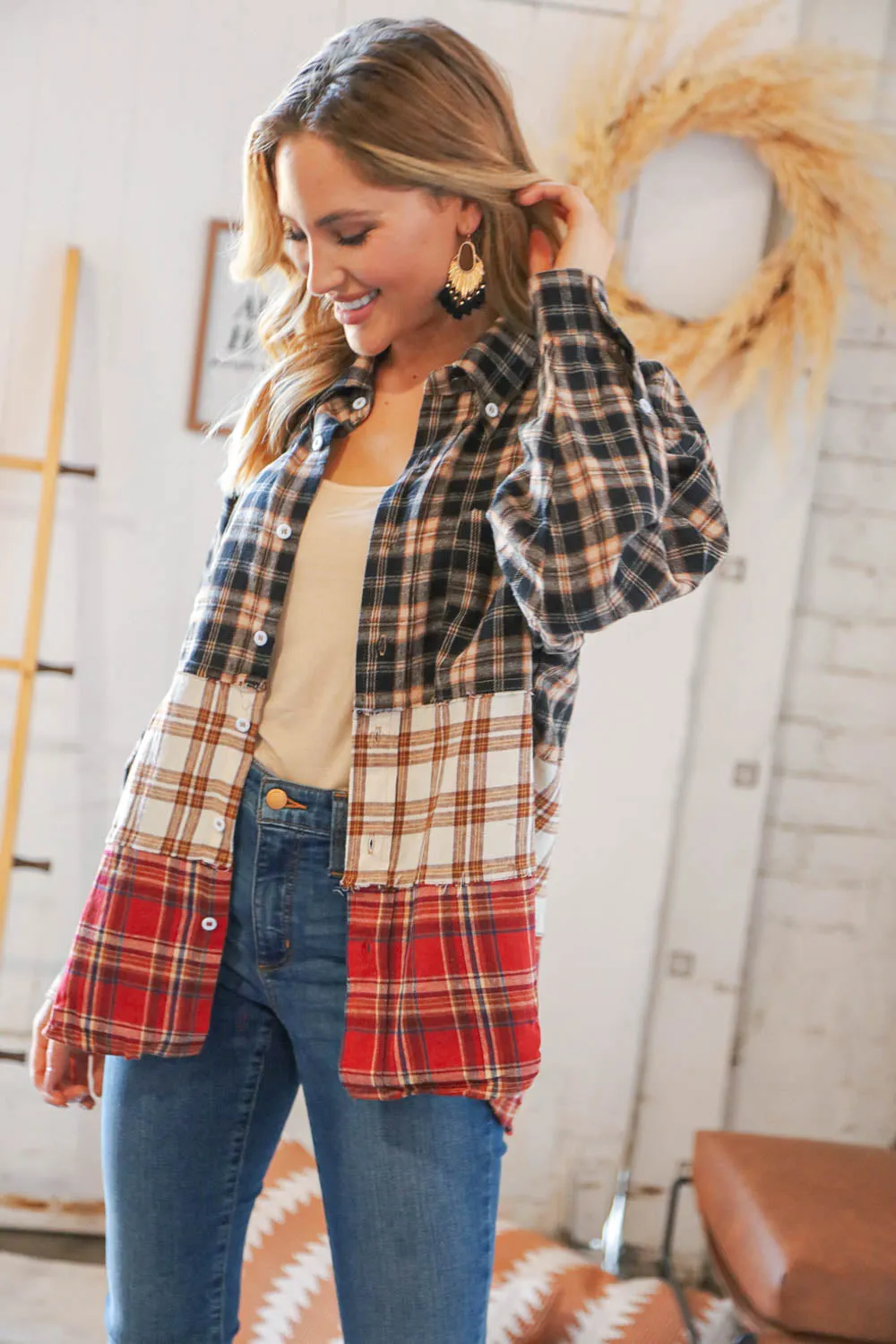 Taupe & Red Plaid Color Block Fray Edge Shacket