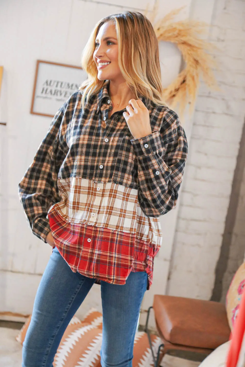 Taupe & Red Plaid Color Block Fray Edge Shacket