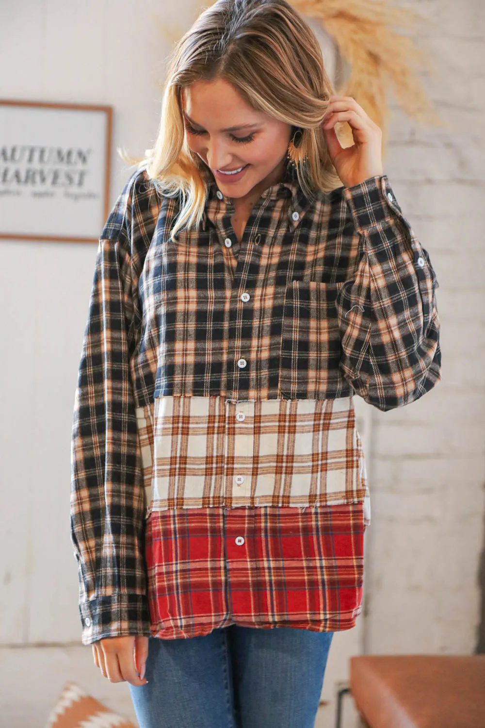 Taupe & Red Plaid Color Block Fray Edge Shacket