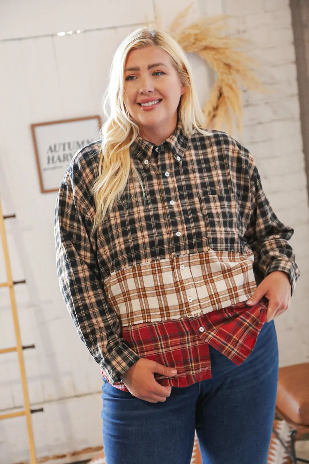 Taupe & Red Plaid Color Block Fray Edge Shacket