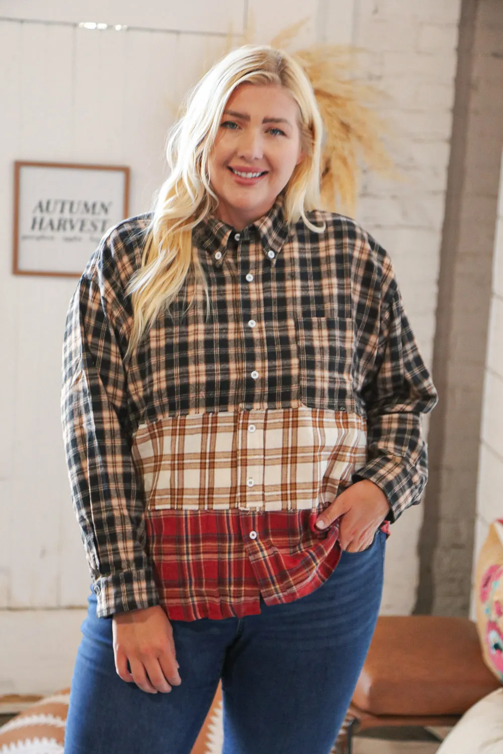 Taupe & Red Plaid Color Block Fray Edge Shacket