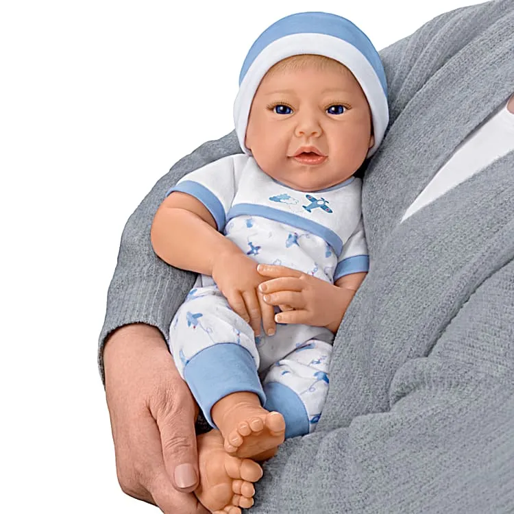 The Ashton - Drake Galleries New To The Crew Baby Boy Doll Weighted Poseable TrueTouch® Authentic Silicone with Helicopter Pacifier and Outfit by Michelle Fagan 18-inches