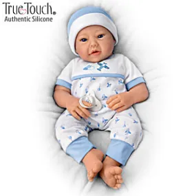 The Ashton - Drake Galleries New To The Crew Baby Boy Doll Weighted Poseable TrueTouch® Authentic Silicone with Helicopter Pacifier and Outfit by Michelle Fagan 18-inches