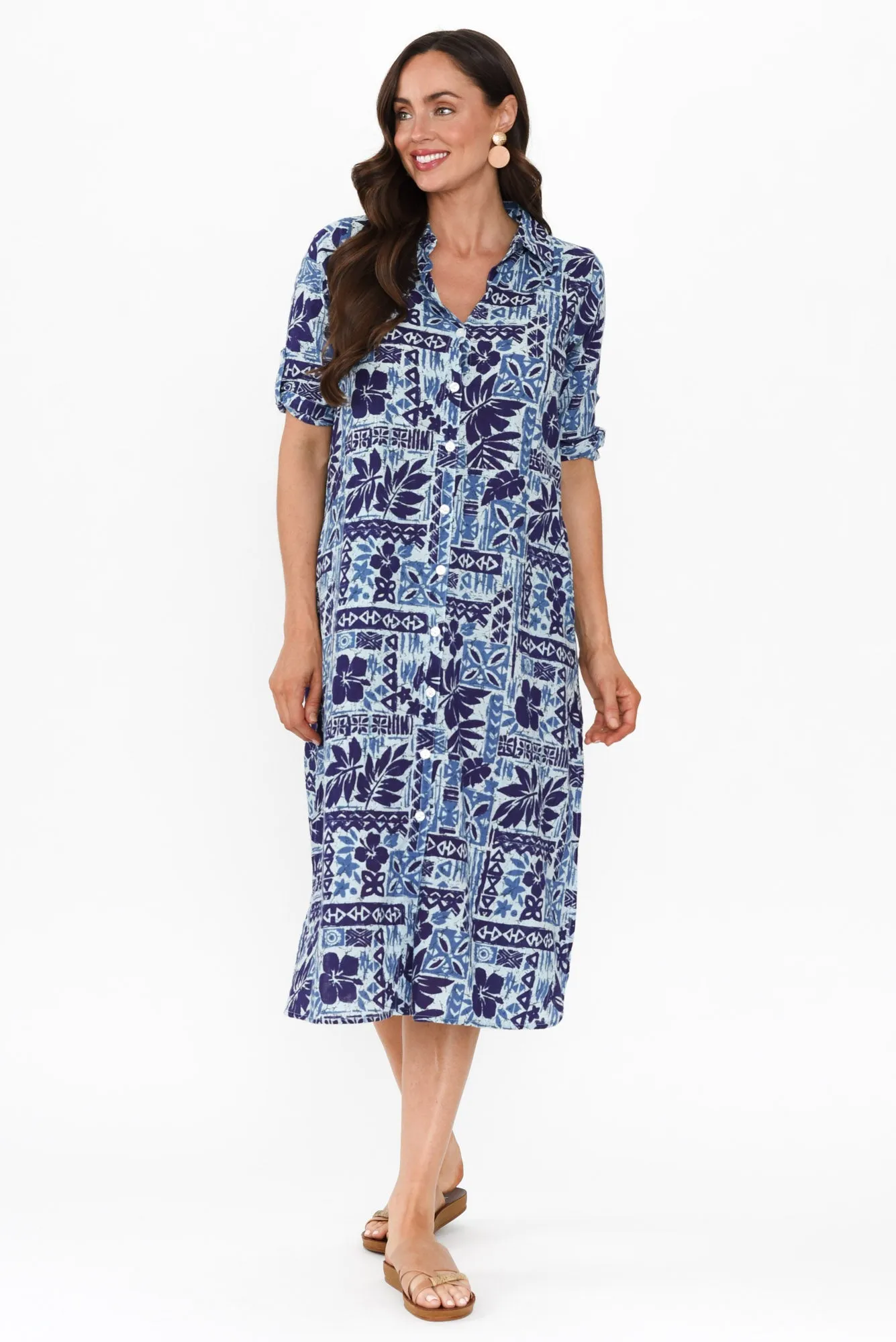 Tricia Blue Mosaic Cotton Shirt Dress