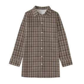 Vampire Art Dark Academia Cream & Black Vintage Tartan Women's Long Shirt | 100% 115GSM Cotton poplin