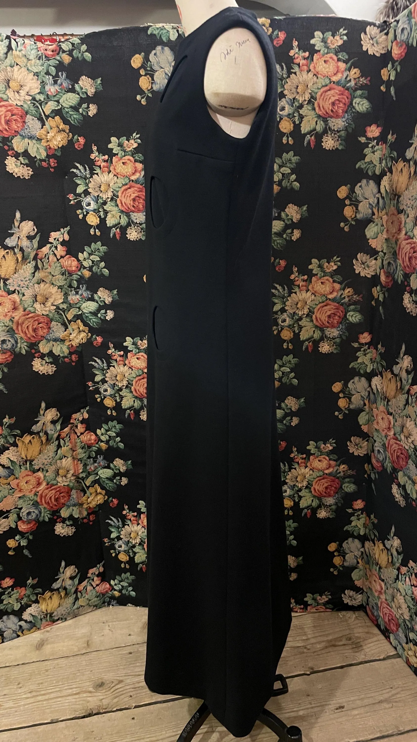 Vintage 60s Pierre Cardin Paris, Exclusive Design for Miss Selfridge Jersey Collection, Pure New Wool, Long Black Maxi Shift Dress, 10-12